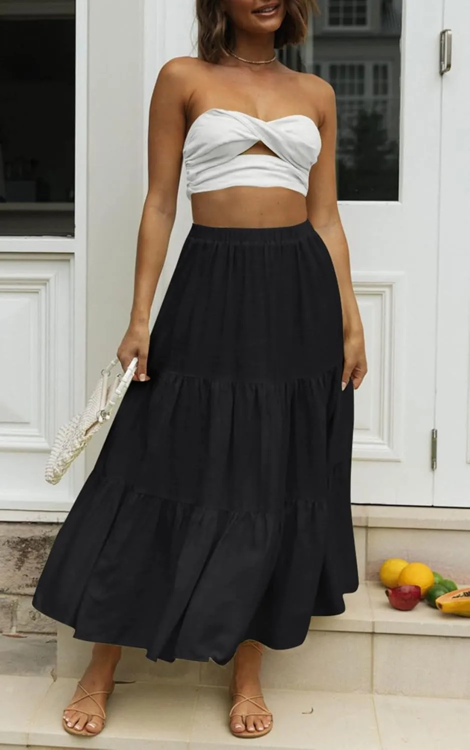Women Plaid Maxi Skirt Boho Elastic Waist Flowy Long Skirt Pleated Ruffle Hem A Line Skirt Casual Tiered Swing Skirt