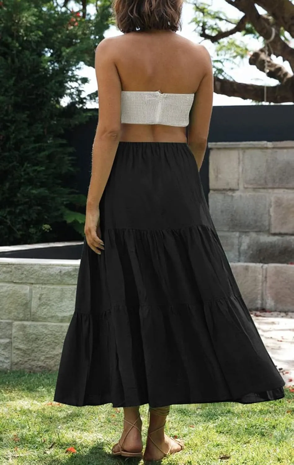 Women Plaid Maxi Skirt Boho Elastic Waist Flowy Long Skirt Pleated Ruffle Hem A Line Skirt Casual Tiered Swing Skirt