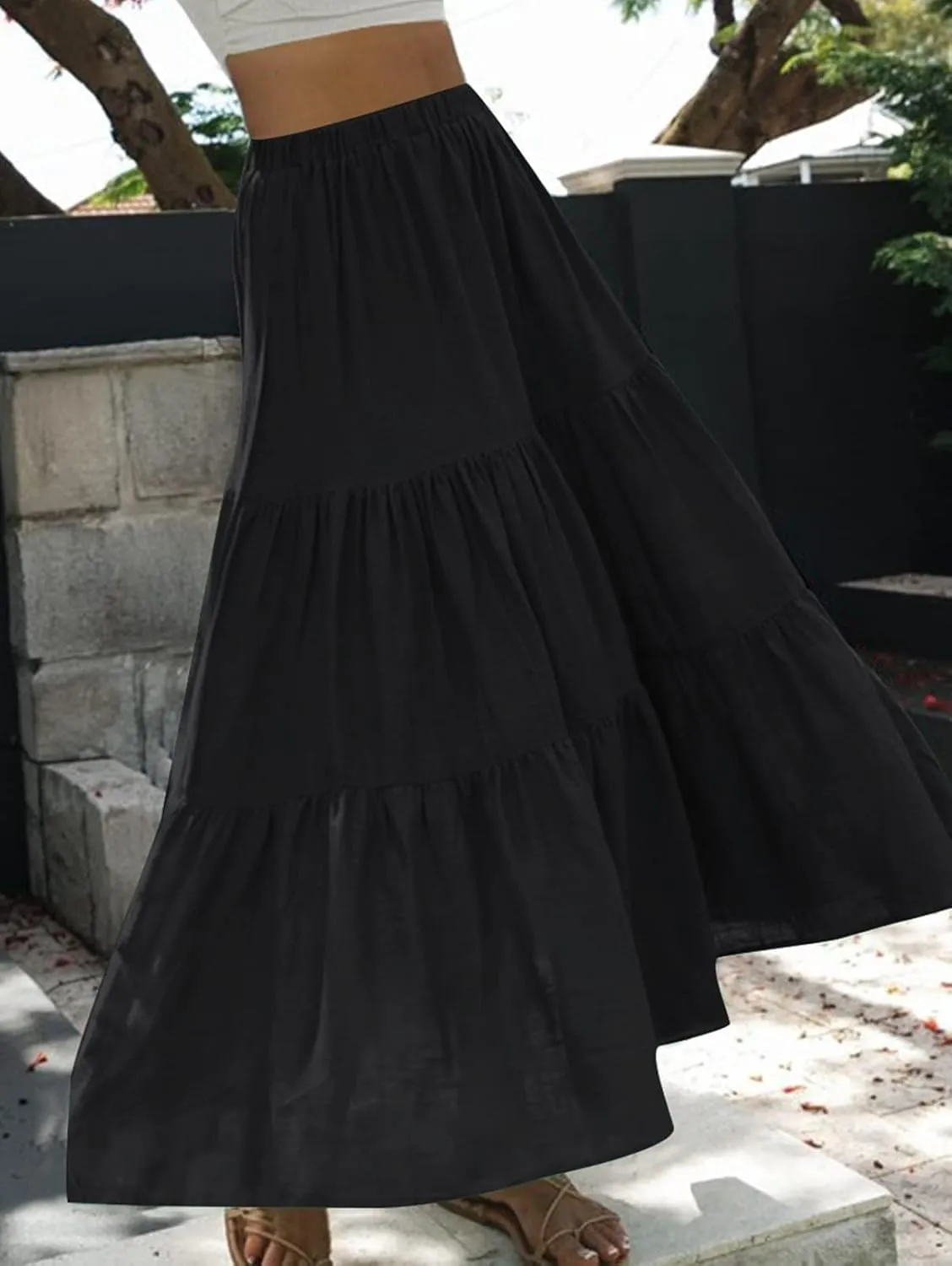 Women Plaid Maxi Skirt Boho Elastic Waist Flowy Long Skirt Pleated Ruffle Hem A Line Skirt Casual Tiered Swing Skirt