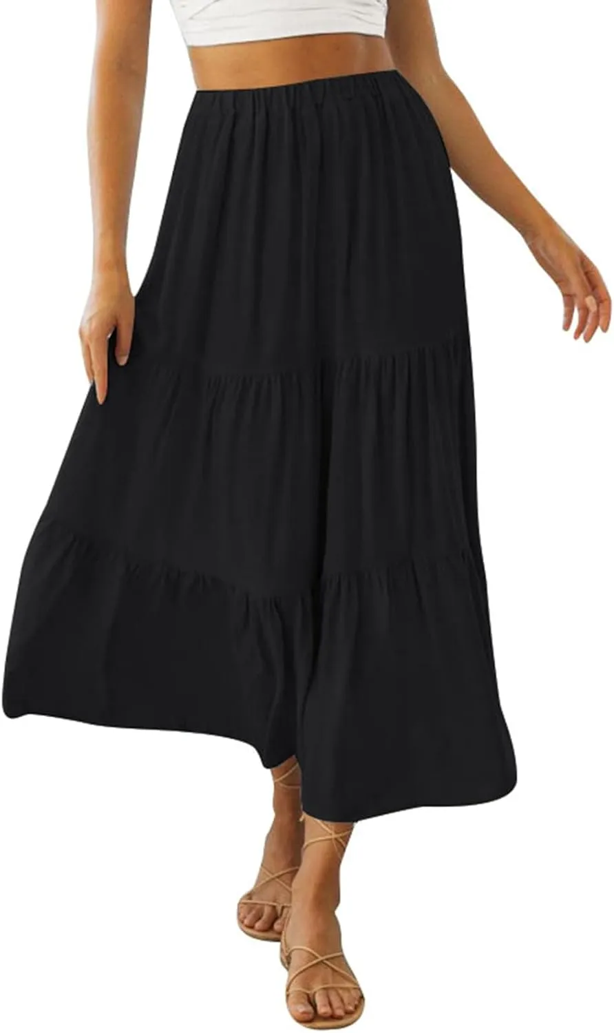 Women Plaid Maxi Skirt Boho Elastic Waist Flowy Long Skirt Pleated Ruffle Hem A Line Skirt Casual Tiered Swing Skirt