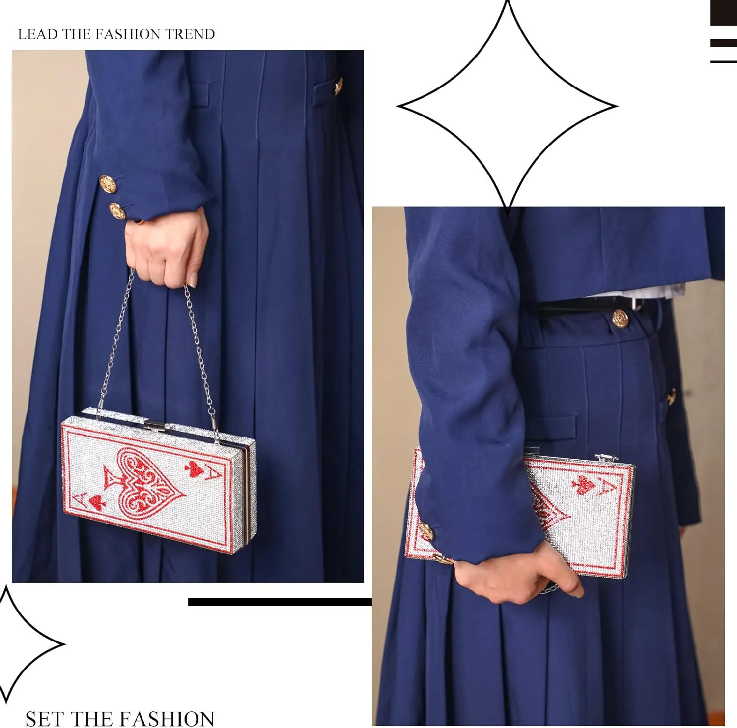 Women Poker Card Evening Clutch Rhinestone Purse Casino Vegas Novelty Purse Queen Hearts Bags Playing Cards Gift(Red,Ace of Hearts)