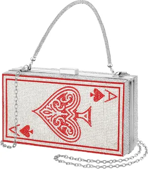Women Poker Card Evening Clutch Rhinestone Purse Casino Vegas Novelty Purse Queen Hearts Bags Playing Cards Gift(Red,Ace of Hearts)
