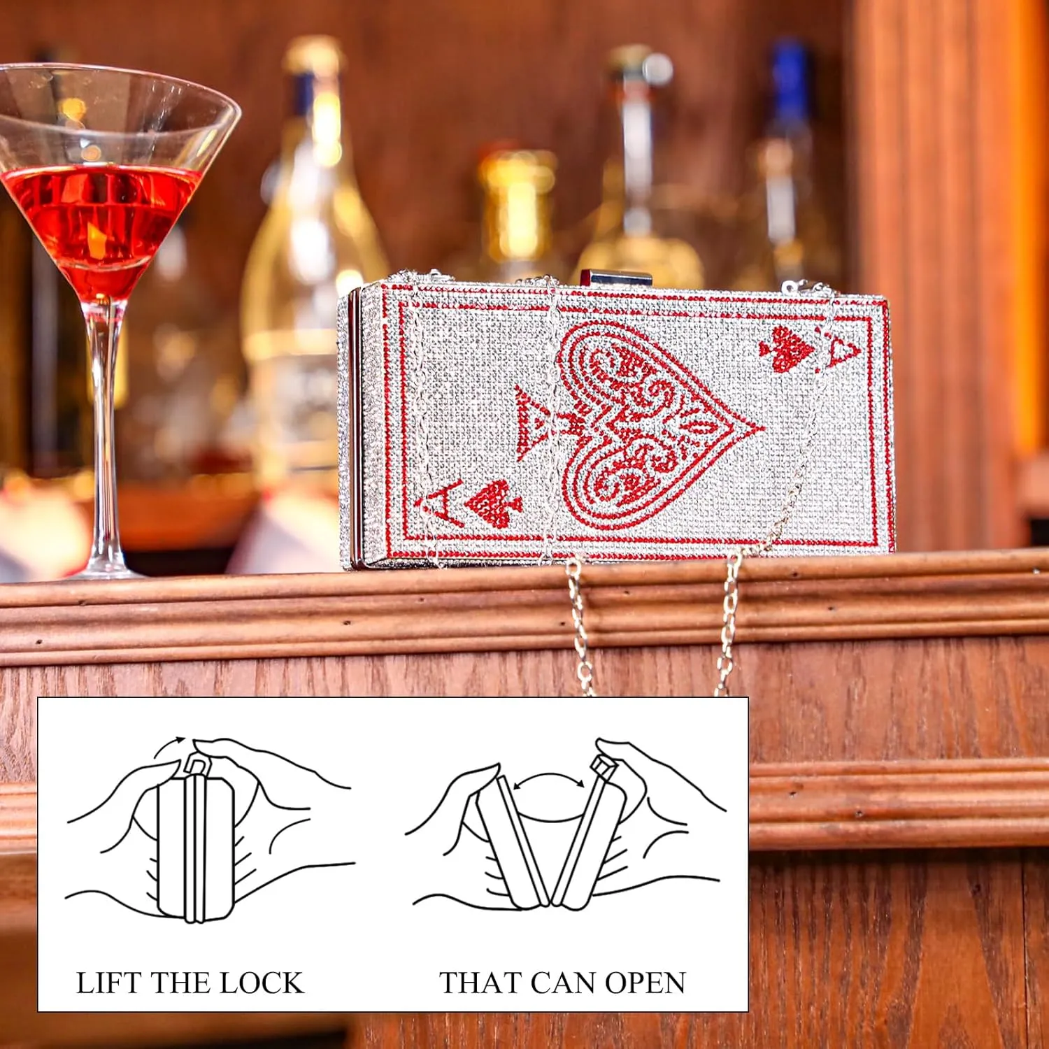 Women Poker Card Evening Clutch Rhinestone Purse Casino Vegas Novelty Purse Queen Hearts Bags Playing Cards Gift(Red,Ace of Hearts)