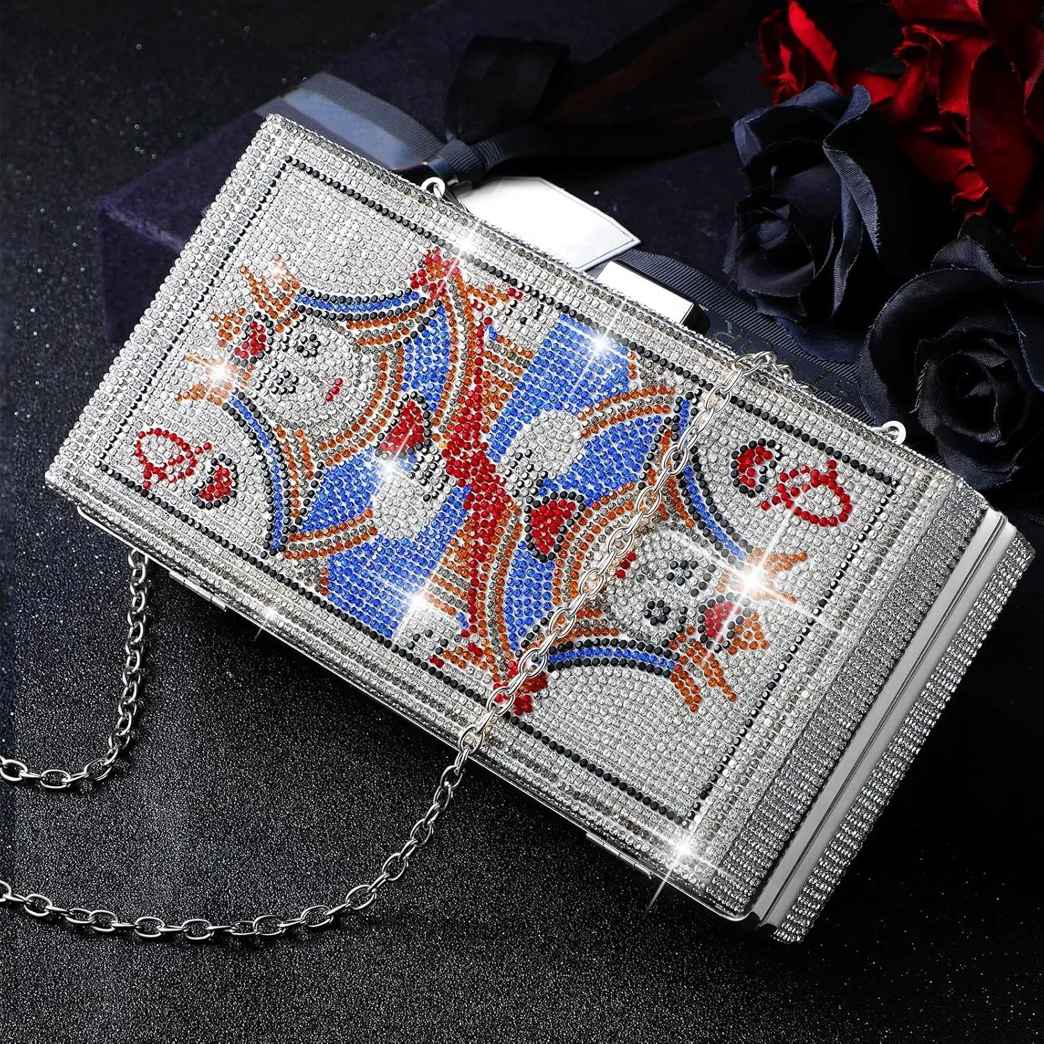 Women Poker Card Evening Clutch Rhinestone Purse Casino Vegas Novelty Purse Queen Hearts Bags Playing Cards Gift(Silver,Silver Queen)