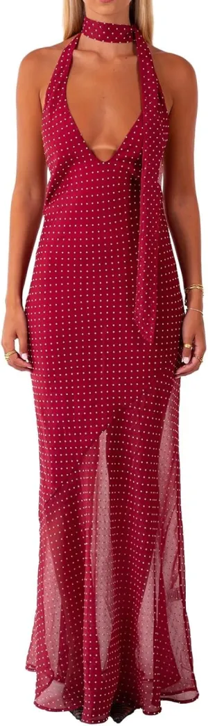 Women Polka Dot Summer Sundress Y2k V Neck Tie Back Spaghetti Strap Maxi Dress 2025 Slim Fit A Line Beachwear