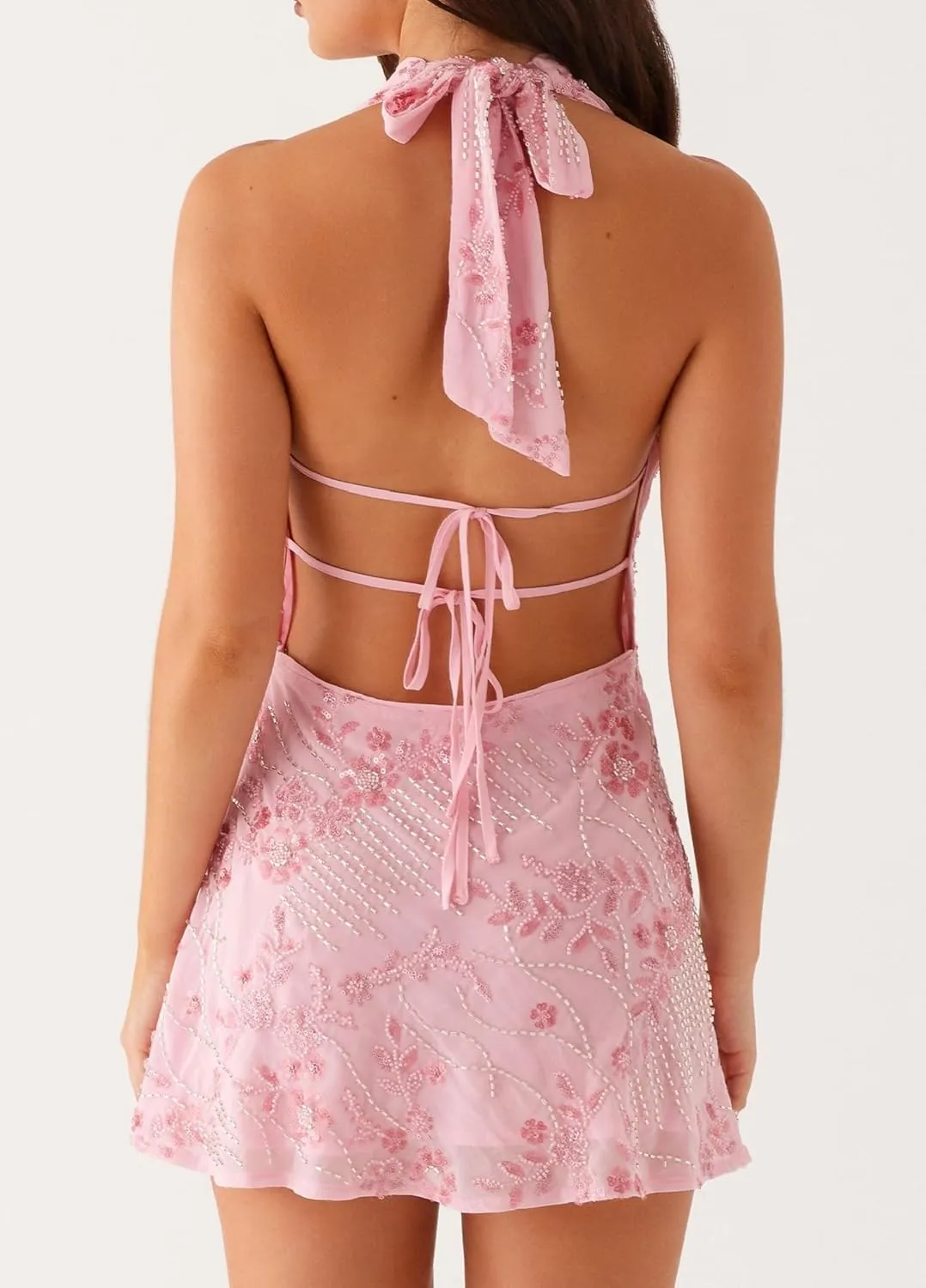 Women Satin Open Back Halter Neck Mini Dress Sexy Cutout Floral Backless Short Dress Low Cut Going Out Dresses