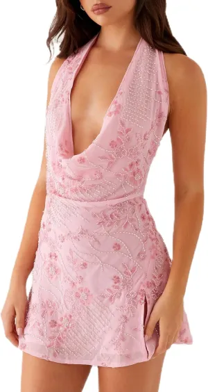 Women Satin Open Back Halter Neck Mini Dress Sexy Cutout Floral Backless Short Dress Low Cut Going Out Dresses