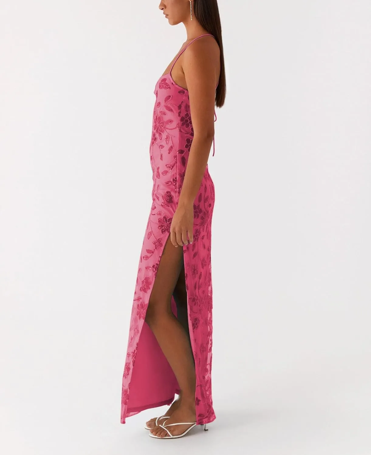 Women Sequin Sparkly Maxi Dress Y2k Square Neck Floral Cami Long Dress Side Split Glitter Bodycon Clubwear