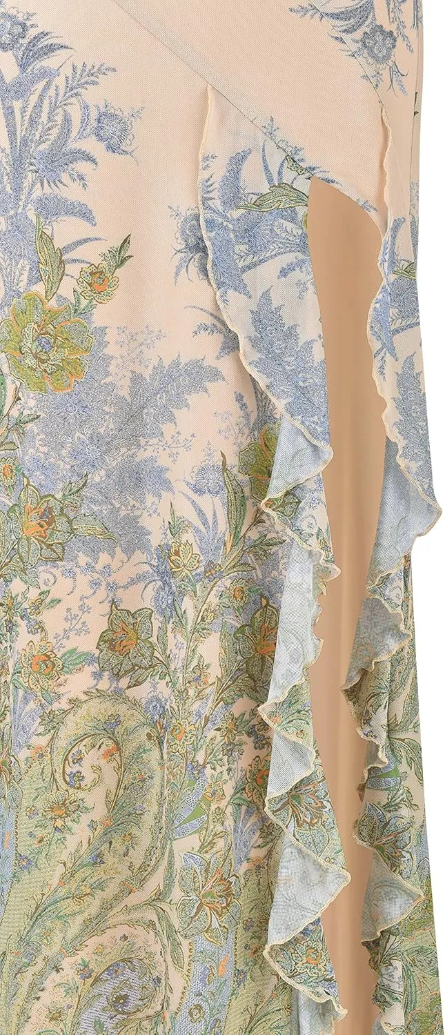 Women Sexy Ruffles Strapless Dress Mesh Floral Tassels Split Maxi Dress Ruched Bodycon Tube Long Dresses Party Outfits