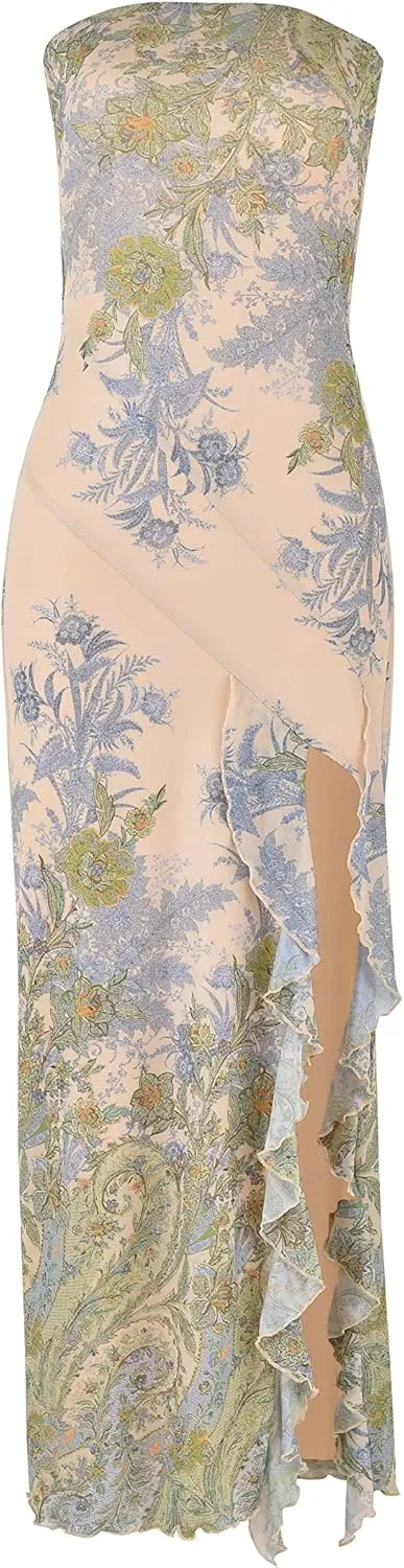 Women Sexy Ruffles Strapless Dress Mesh Floral Tassels Split Maxi Dress Ruched Bodycon Tube Long Dresses Party Outfits