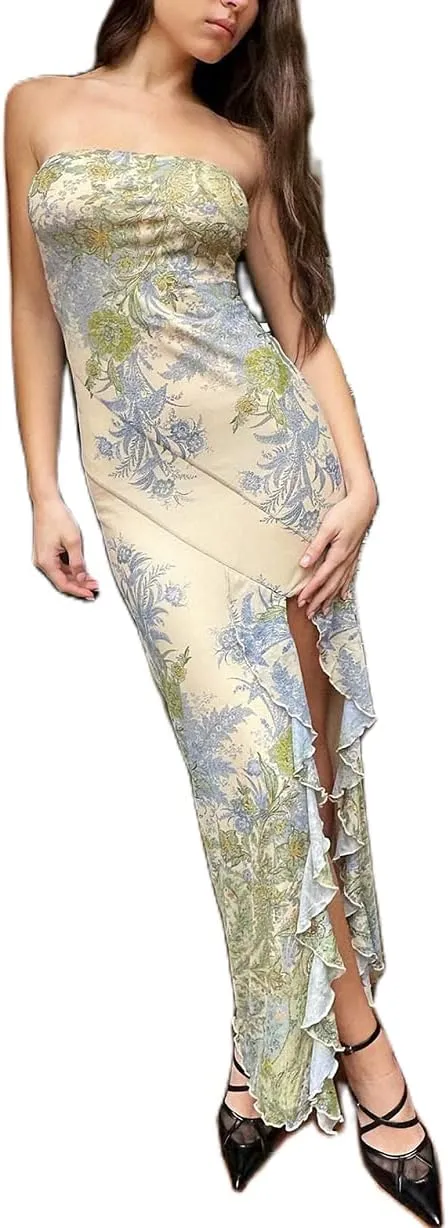 Women Sexy Ruffles Strapless Dress Mesh Floral Tassels Split Maxi Dress Ruched Bodycon Tube Long Dresses Party Outfits