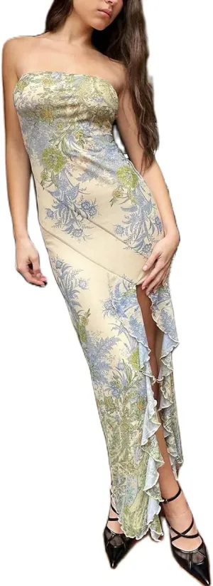 Women Sexy Ruffles Strapless Dress Mesh Floral Tassels Split Maxi Dress Ruched Bodycon Tube Long Dresses Party Outfits