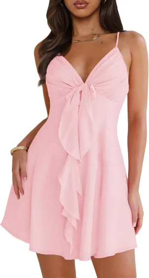 Women Sleeveless Sexy V Neck Summer Dress for Women Casual Flowy Beach Club Party Spaghetti Strap Mini Sundress