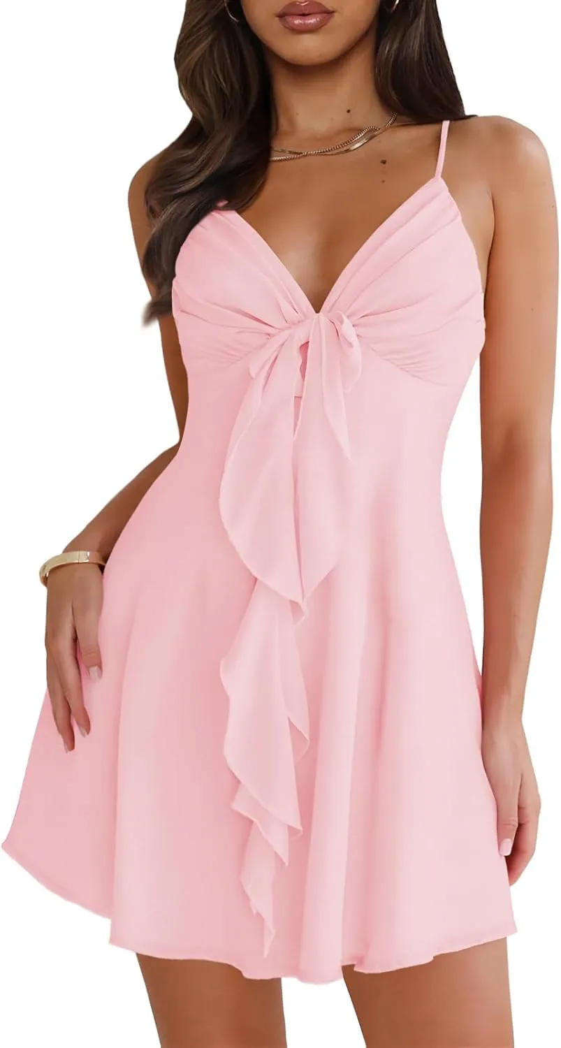 Women Sleeveless Sexy V Neck Summer Dress for Women Casual Flowy Beach Club Party Spaghetti Strap Mini Sundress