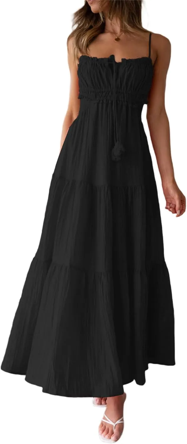 Women Spaghetti Strap Halter Neck Low Cut Dress Backless Long Maxi Flowy Pleated Dress Beach Sundress