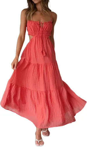 Women Spaghetti Strap Halter Neck Low Cut Dress Backless Long Maxi Flowy Pleated Dress Beach Sundress