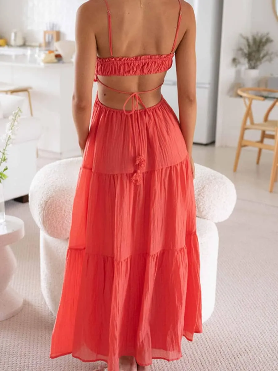 Women Spaghetti Strap Halter Neck Low Cut Dress Backless Long Maxi Flowy Pleated Dress Beach Sundress