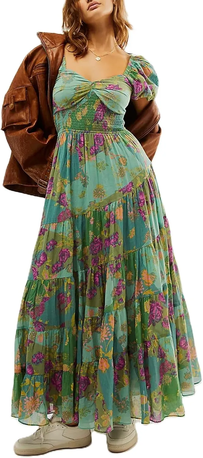 Women Spring Dresses Flowy Smocked Maxi Dress Puff Sleeve Sweetheart Y2K Floral Boho Summer Sundresses