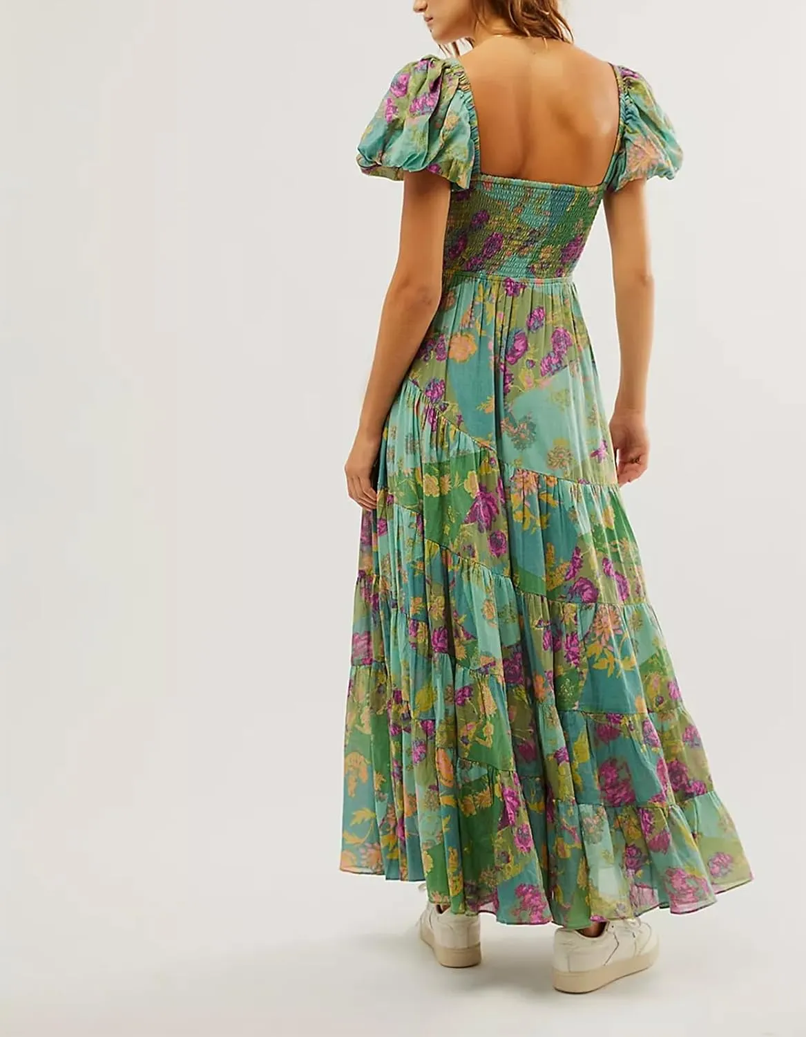 Women Spring Dresses Flowy Smocked Maxi Dress Puff Sleeve Sweetheart Y2K Floral Boho Summer Sundresses