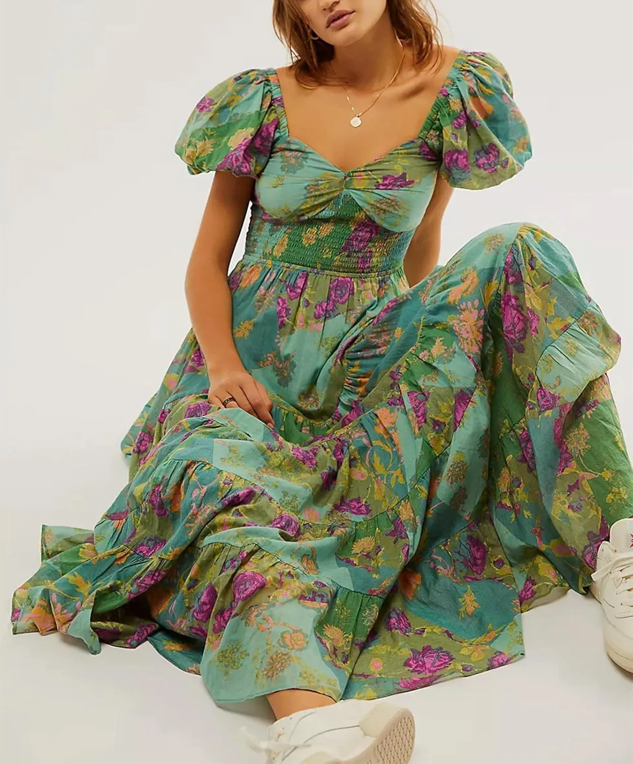 Women Spring Dresses Flowy Smocked Maxi Dress Puff Sleeve Sweetheart Y2K Floral Boho Summer Sundresses