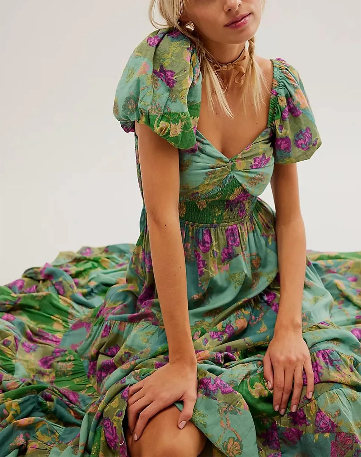 Women Spring Dresses Flowy Smocked Maxi Dress Puff Sleeve Sweetheart Y2K Floral Boho Summer Sundresses