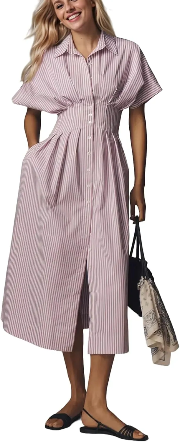 Women Striped Button Down Pleated Shirt Dress Summer Short Sleeve Ruffle A Line Swing Long Blouse Midi Long Dress