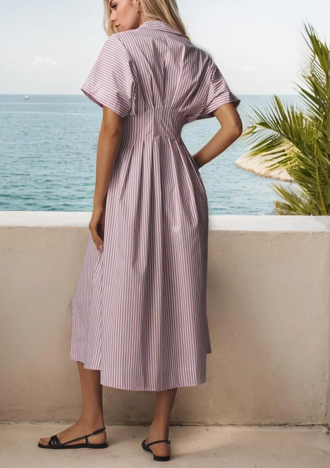 Women Striped Button Down Pleated Shirt Dress Summer Short Sleeve Ruffle A Line Swing Long Blouse Midi Long Dress