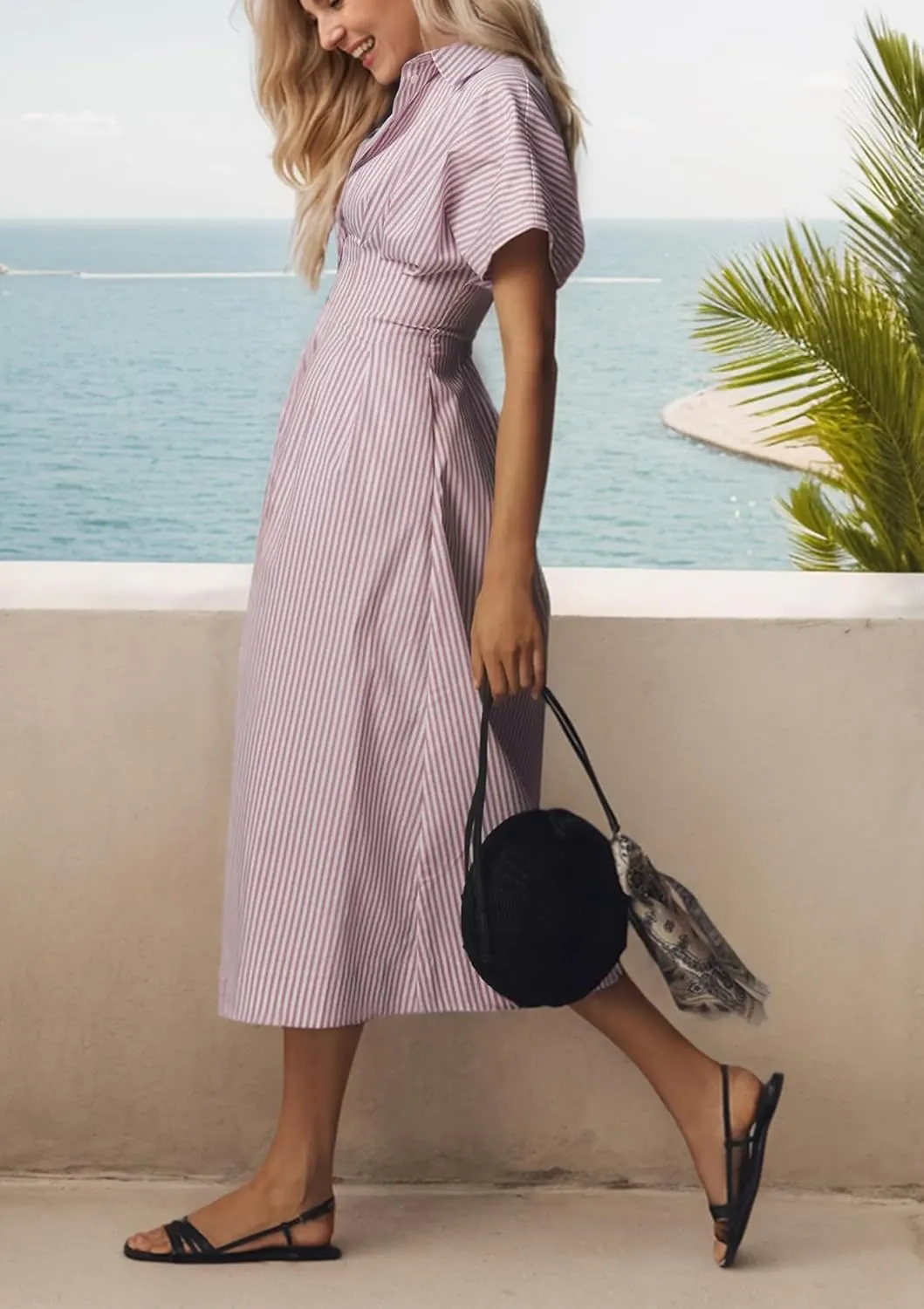 Women Striped Button Down Pleated Shirt Dress Summer Short Sleeve Ruffle A Line Swing Long Blouse Midi Long Dress