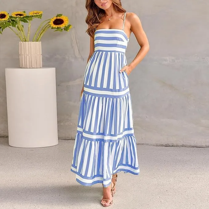 Women Striped Sleeveless Maxi Dress Spaghetti Strap Cutout Backless Long Flowy A-Line Sundress Beach Boho Maxi Dress