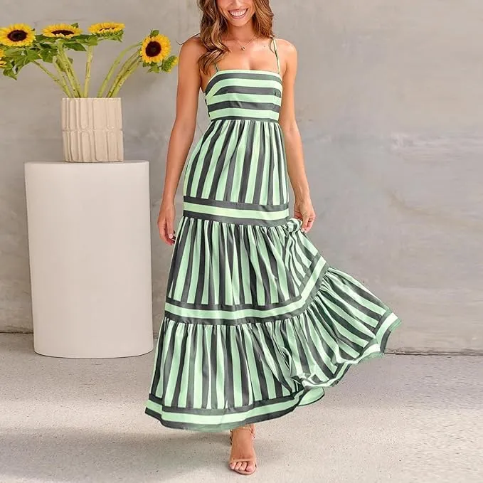 Women Striped Sleeveless Maxi Dress Spaghetti Strap Cutout Backless Long Flowy A-Line Sundress Beach Boho Maxi Dress