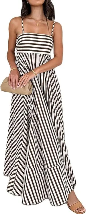 Women Striped Sleeveless Maxi Dress Spaghetti Strap Cutout Backless Long Flowy A-Line Sundress Beach Boho Maxi Dress