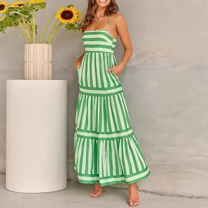 Women Striped Sleeveless Maxi Dress Spaghetti Strap Cutout Backless Long Flowy A-Line Sundress Beach Boho Maxi Dress