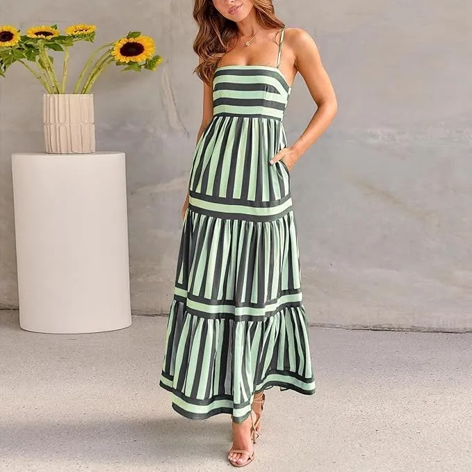 Women Striped Sleeveless Maxi Dress Spaghetti Strap Cutout Backless Long Flowy A-Line Sundress Beach Boho Maxi Dress