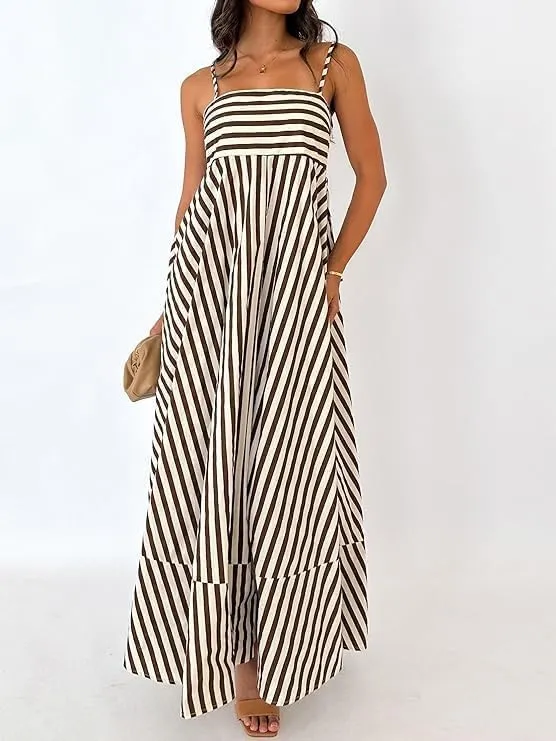 Women Striped Sleeveless Maxi Dress Spaghetti Strap Cutout Backless Long Flowy A-Line Sundress Beach Boho Maxi Dress