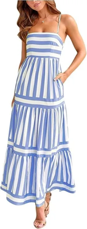 Women Striped Sleeveless Maxi Dress Spaghetti Strap Cutout Backless Long Flowy A-Line Sundress Beach Boho Maxi Dress