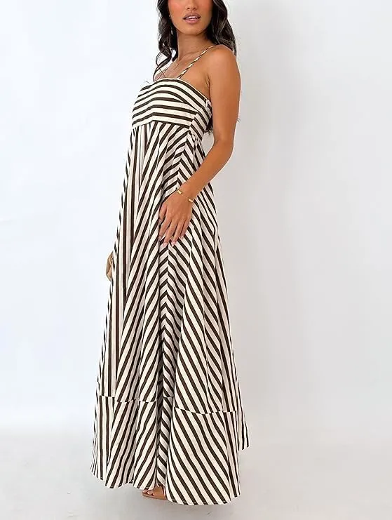 Women Striped Sleeveless Maxi Dress Spaghetti Strap Cutout Backless Long Flowy A-Line Sundress Beach Boho Maxi Dress