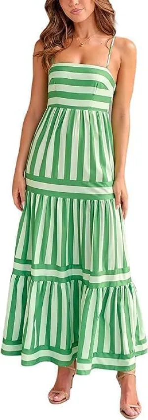 Women Striped Sleeveless Maxi Dress Spaghetti Strap Cutout Backless Long Flowy A-Line Sundress Beach Boho Maxi Dress