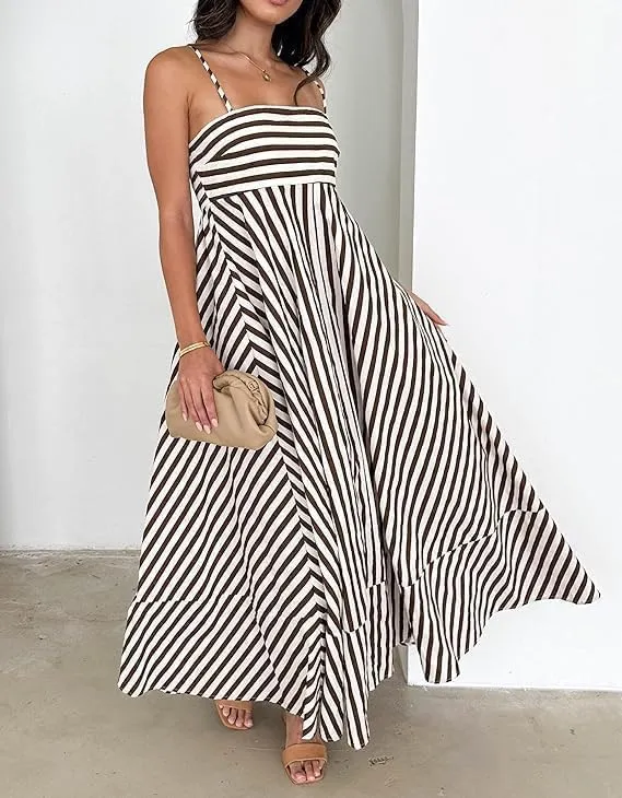 Women Striped Sleeveless Maxi Dress Spaghetti Strap Cutout Backless Long Flowy A-Line Sundress Beach Boho Maxi Dress