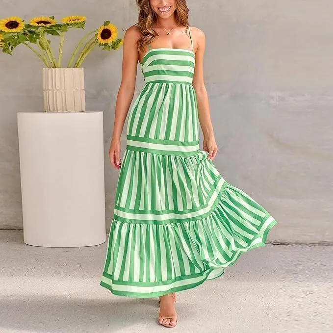 Women Striped Sleeveless Maxi Dress Spaghetti Strap Cutout Backless Long Flowy A-Line Sundress Beach Boho Maxi Dress