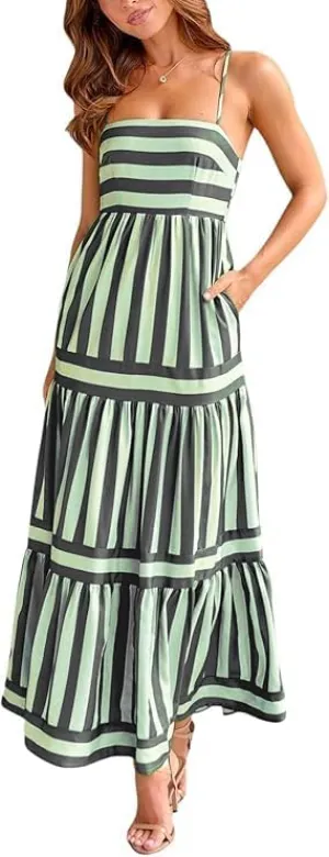 Women Striped Sleeveless Maxi Dress Spaghetti Strap Cutout Backless Long Flowy A-Line Sundress Beach Boho Maxi Dress