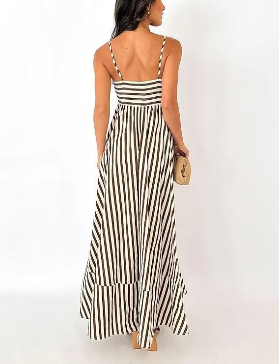 Women Striped Sleeveless Maxi Dress Spaghetti Strap Cutout Backless Long Flowy A-Line Sundress Beach Boho Maxi Dress