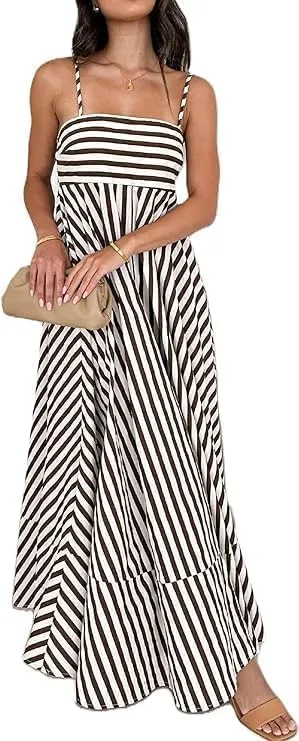 Women Striped Sleeveless Maxi Dress Spaghetti Strap Cutout Backless Long Flowy A-Line Sundress Beach Boho Maxi Dress