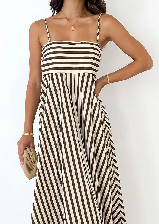 Women Striped Sleeveless Maxi Dress Spaghetti Strap Cutout Backless Long Flowy A-Line Sundress Beach Boho Maxi Dress