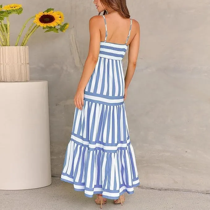 Women Striped Sleeveless Maxi Dress Spaghetti Strap Cutout Backless Long Flowy A-Line Sundress Beach Boho Maxi Dress