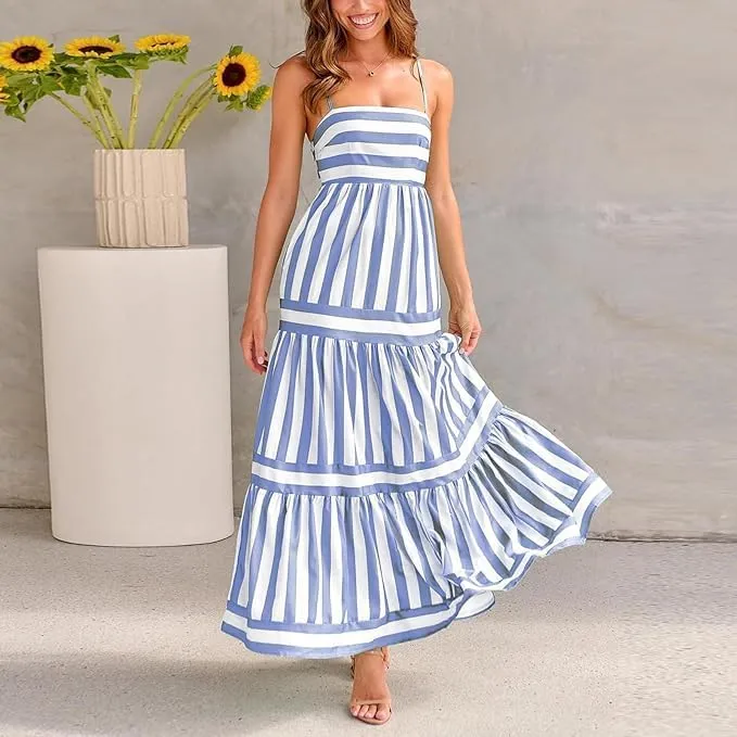 Women Striped Sleeveless Maxi Dress Spaghetti Strap Cutout Backless Long Flowy A-Line Sundress Beach Boho Maxi Dress