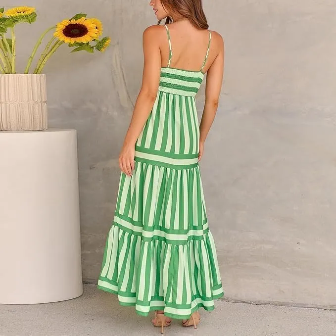 Women Striped Sleeveless Maxi Dress Spaghetti Strap Cutout Backless Long Flowy A-Line Sundress Beach Boho Maxi Dress