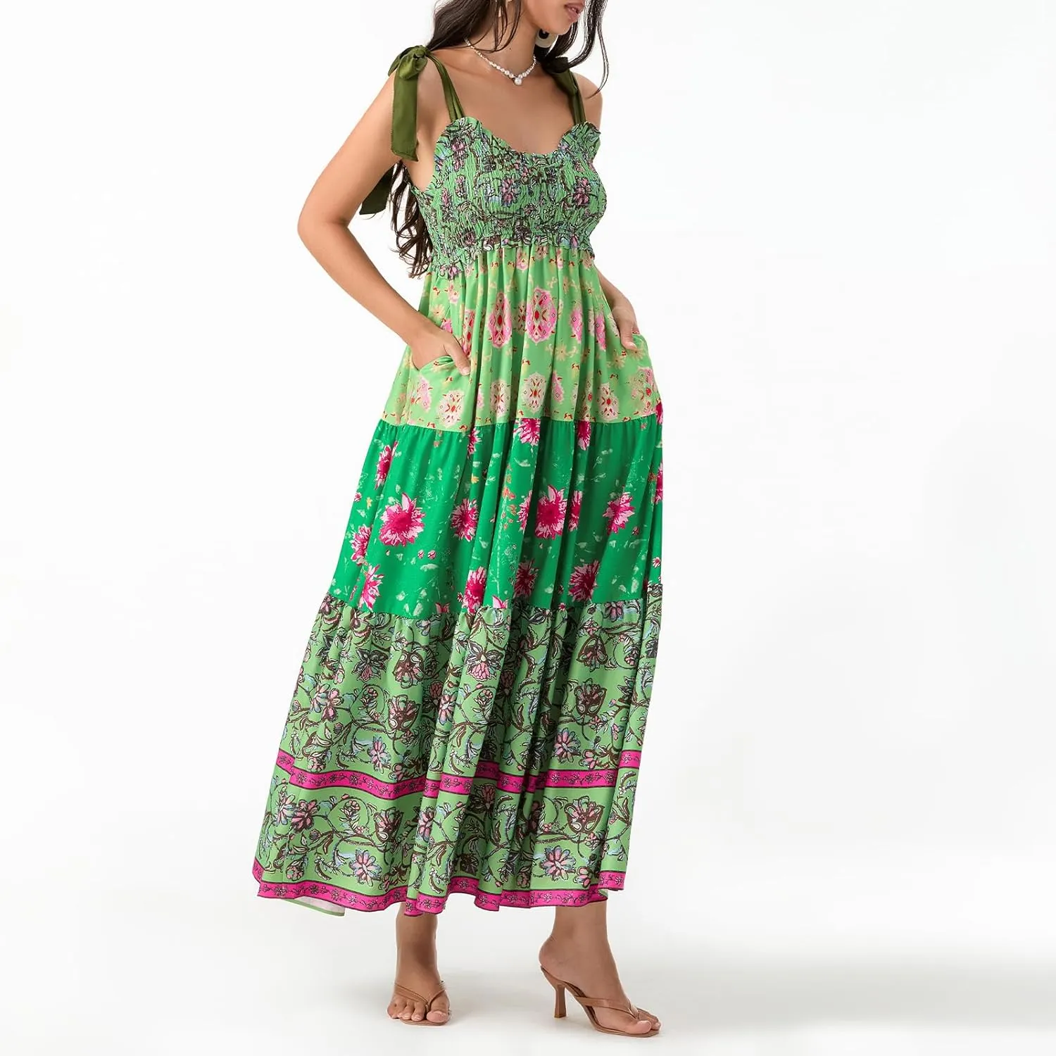 Women Summer Maxi Dress Floral Smocked Shirred Long Dress Boho Sleeveless Tie Shoulder Sundress