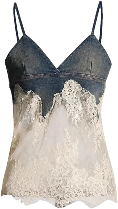 Women Summer Retro Sexy Slim Fit Stitching Lace Embroidery Design Denim Camisole
