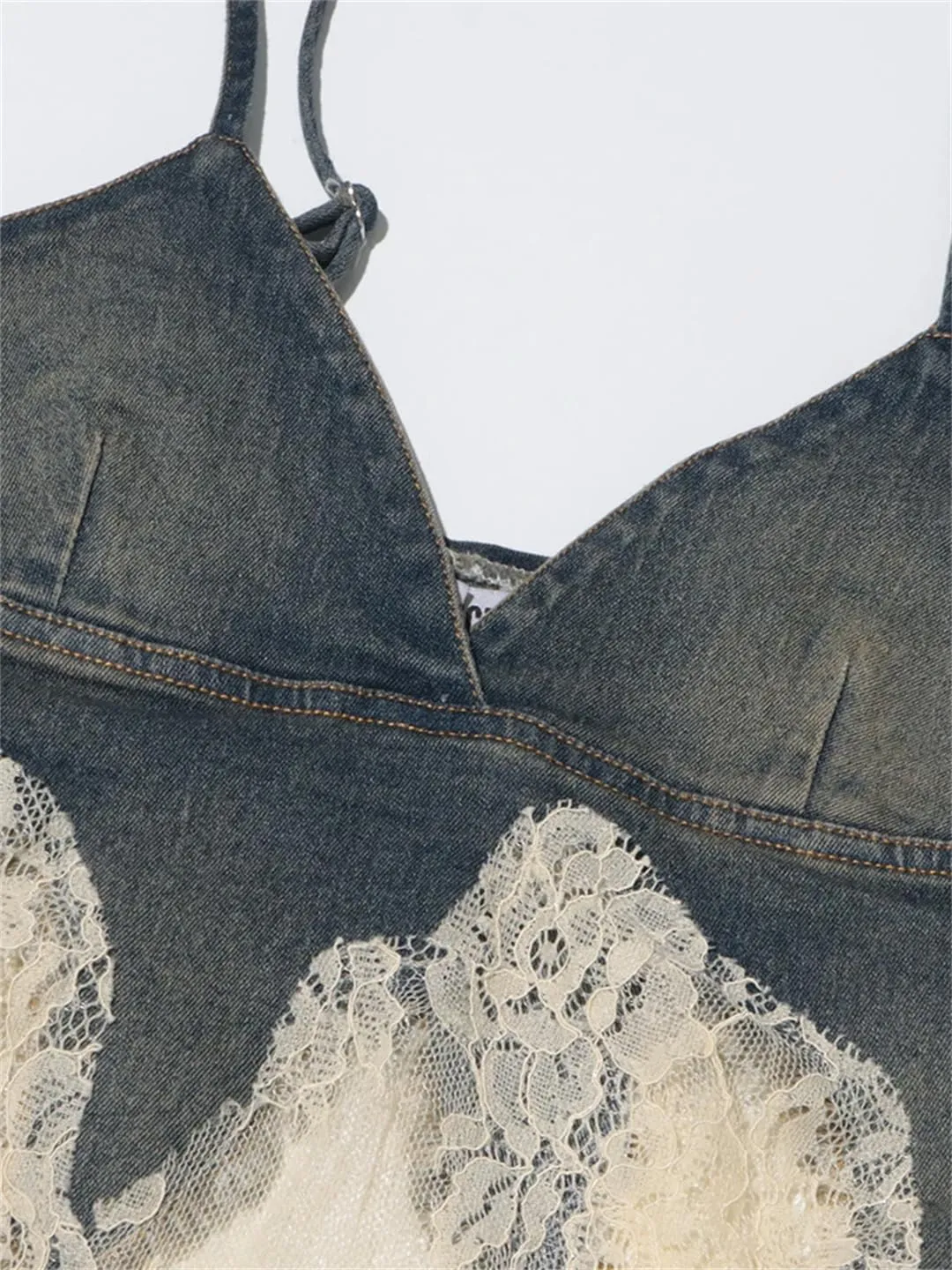 Women Summer Retro Sexy Slim Fit Stitching Lace Embroidery Design Denim Camisole
