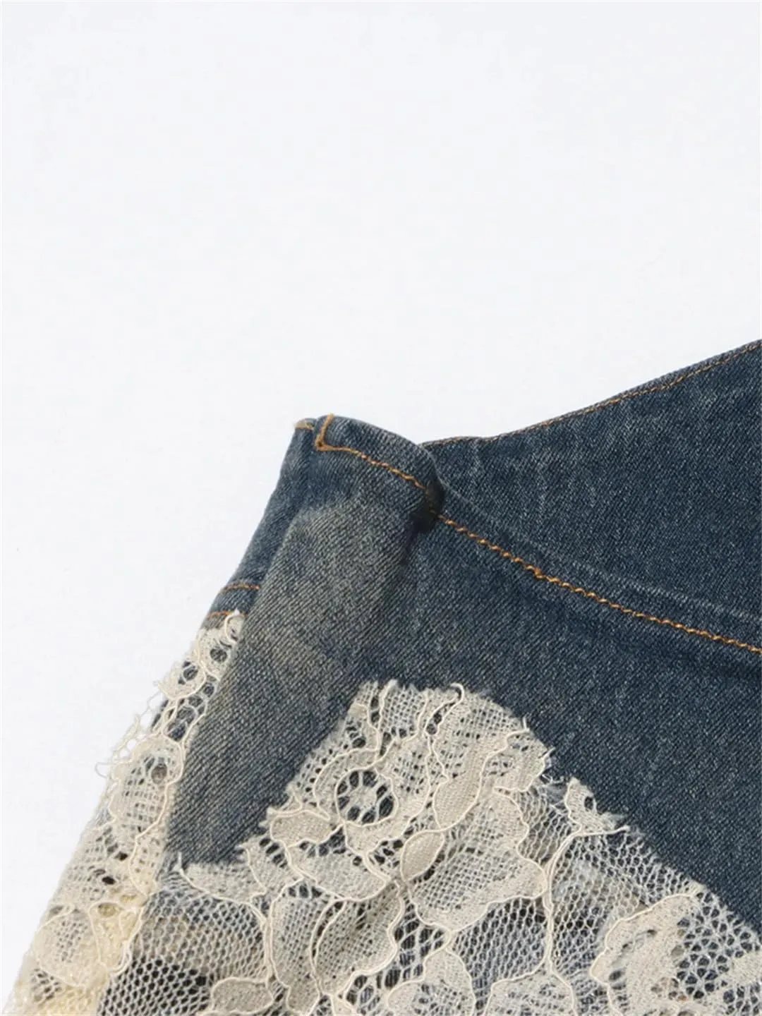 Women Summer Retro Sexy Slim Fit Stitching Lace Embroidery Design Denim Camisole